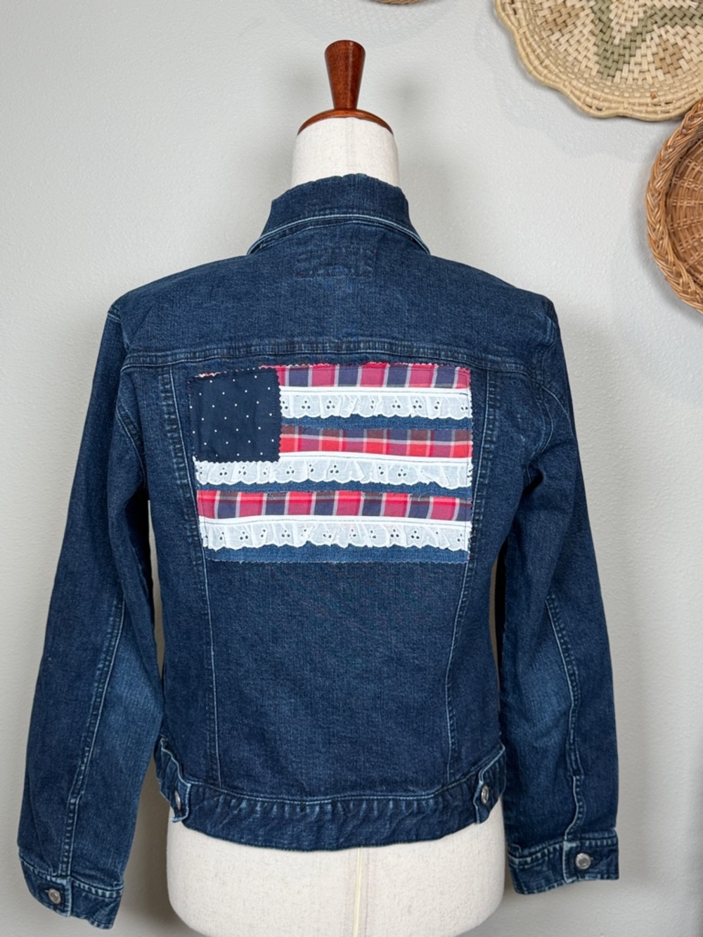 Americana American Flag Cottagecore Women’s Denim Jacket Lace Size Medium